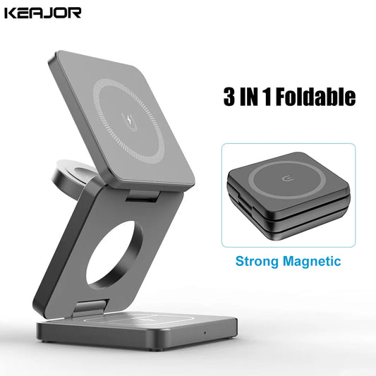 3 in 1 Wireless Charger Stand Magnetic Foldable Wireless Charging Station for iPhone 15 14 13 12 Pro Max Apple Watch 8 9 Charger